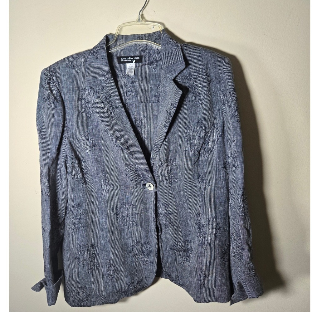 Jones New York Blazer Womens 14 Blue Excellent Linen Blend Floral Pinstripe